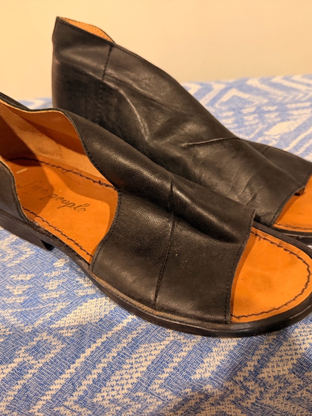 Free People Black Leather Open-Toe Slide Sandals with Tan Insole